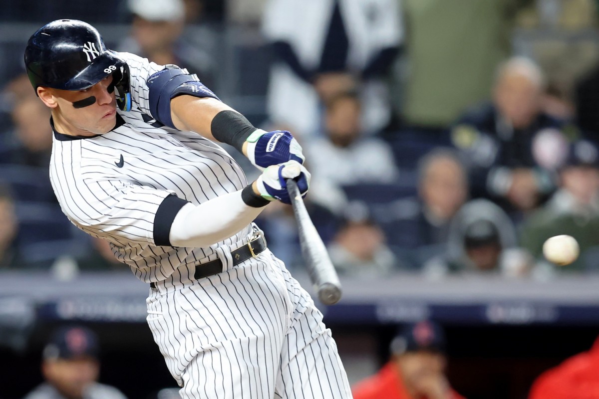 Aaron Judge focuses intently as he strikes a ball in the 2022 season.