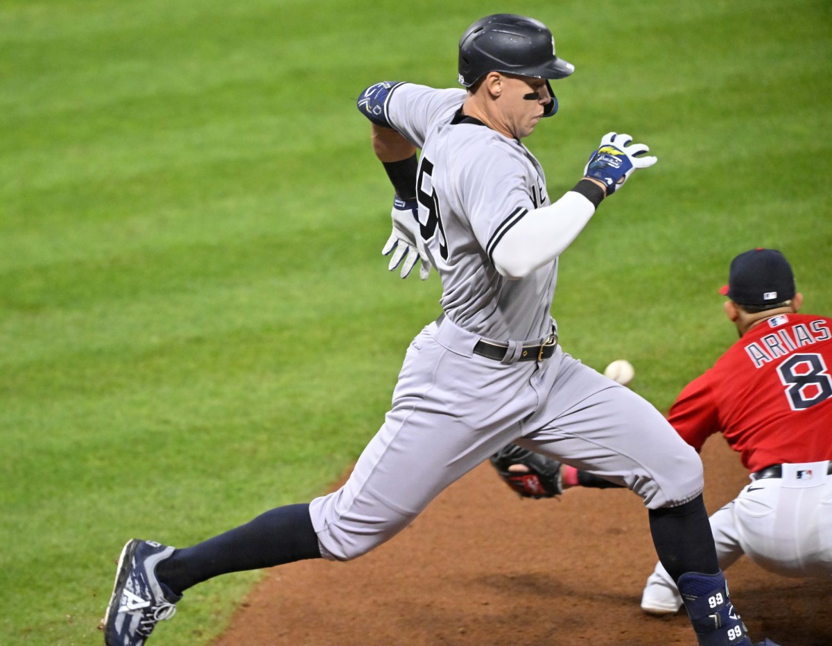 Aaron Judge races towards first base to secure a hit