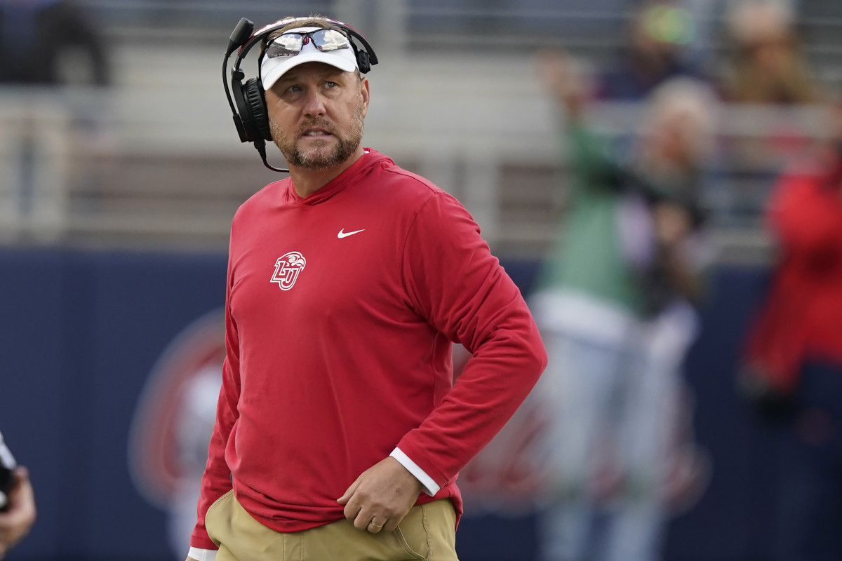 Liberty head coach Hugh Freeze looks towards his team during the second half of an NCAA college football game against Mississippi in Oxford, Miss., Saturday, Nov. 6, 2021. Mississippi won 27-14. (AP Photo/Rogelio V. Solis)
