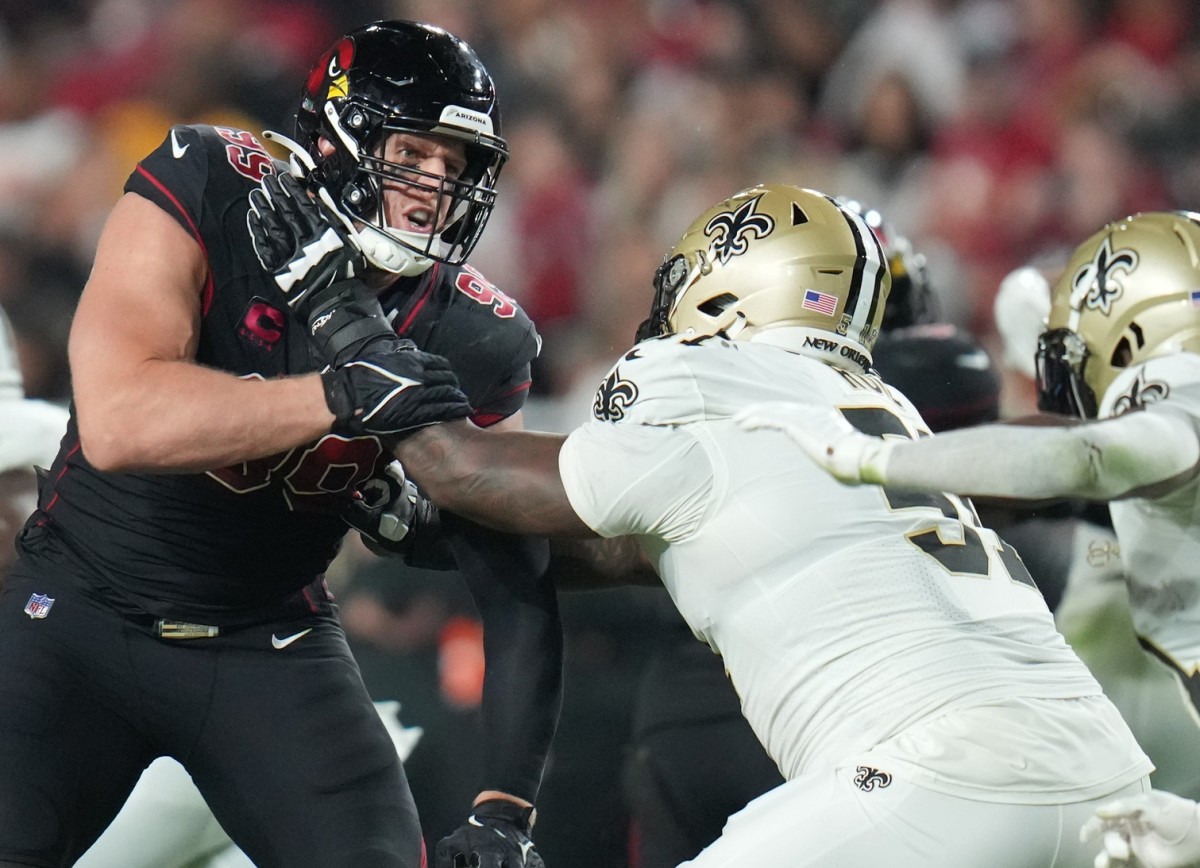 Arizona Cardinals defensive end J.J. Watt (99) tries to get past New Orleans Saints offensive lineman Cesar Ruiz (51). Mandatory Credit: Joe Rondone-Arizona Republic