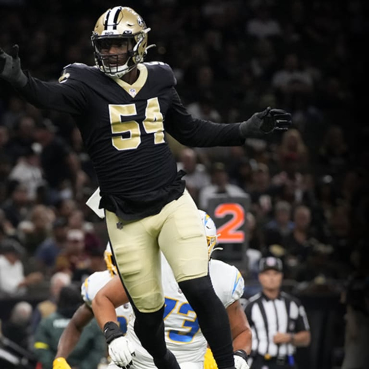 Defensive end Taco Charlton (54) during a 2022 preseason game for the New Orleans Saints. Credit: neworleanssaints.com