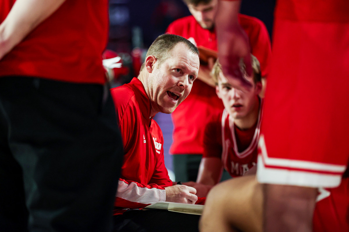 Miami of Ohio basketball coach Travis Steele talks to his team during a timeout against Georgia at Stegeman Coliseum in Athens, Ga. on Nov. 14, 2022.