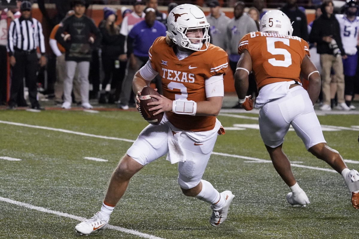 Nov 12, 2022; Austin, Texas, USA; Texas Longhorns quarterback Quinn Ewers (3) looks to throw a pass during the second half against the Texas Christian Horned Frogs at Darrell K Royal-Texas Memorial Stadium. Mandatory Credit: Scott Wachter-USA TODAY Sports