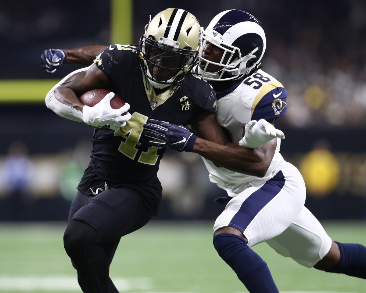 Jan 20, 2019; New Orleans Saints running back Alvin Kamara (41) runs after a reception against the Los Angeles Rams. Mandatory Credit: Matthew Emmons-USA TODAY Sports