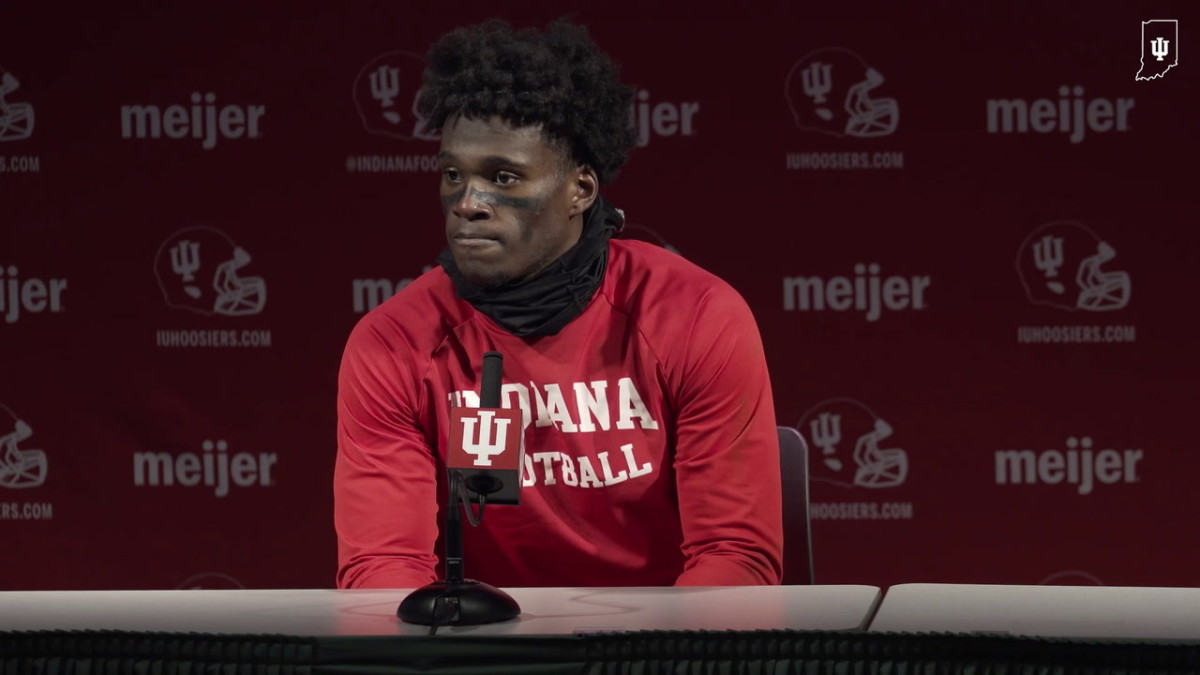 Indiana quarterback Dexter Williams II reacts to 39-31 win at Michigan State.