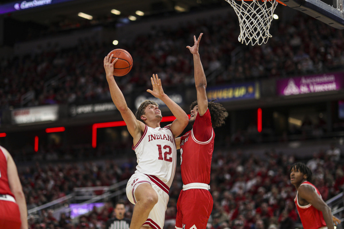 Miller Kopp scores on a drive to the basket on Sunday against Miami of Ohio. (Photo courtesy of IU Athletics)