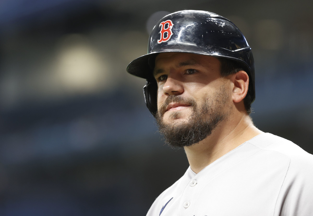 Schwarber looks on from the on-deck circle during his brief time with the Boston Red Sox.