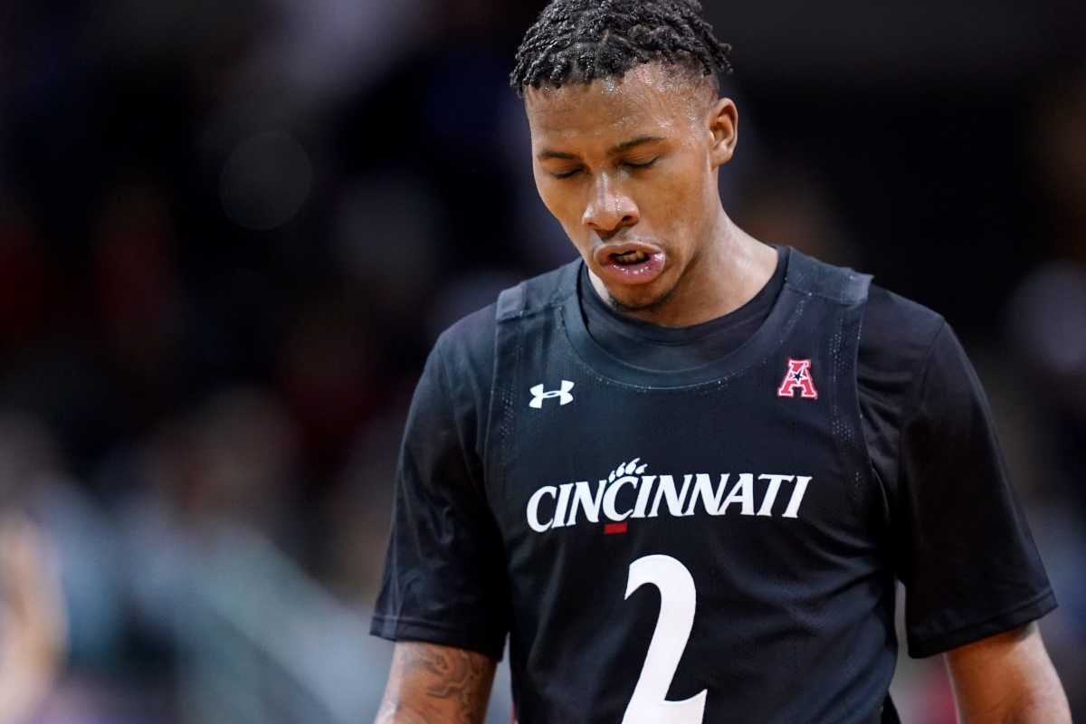 Cincinnati Bearcats guard Landers Nolley II (2) walks back on defense after a Northern Kentucky Norse basket in the second half during a college basketball game, Wednesday, Nov. 16, 2022, at Truist Arena in Highland Heights, Ky. The Northern Kentucky Norse won, 64-51. Cincinnati Bearcats At Northern Kentucky Norse Nov 16 0145