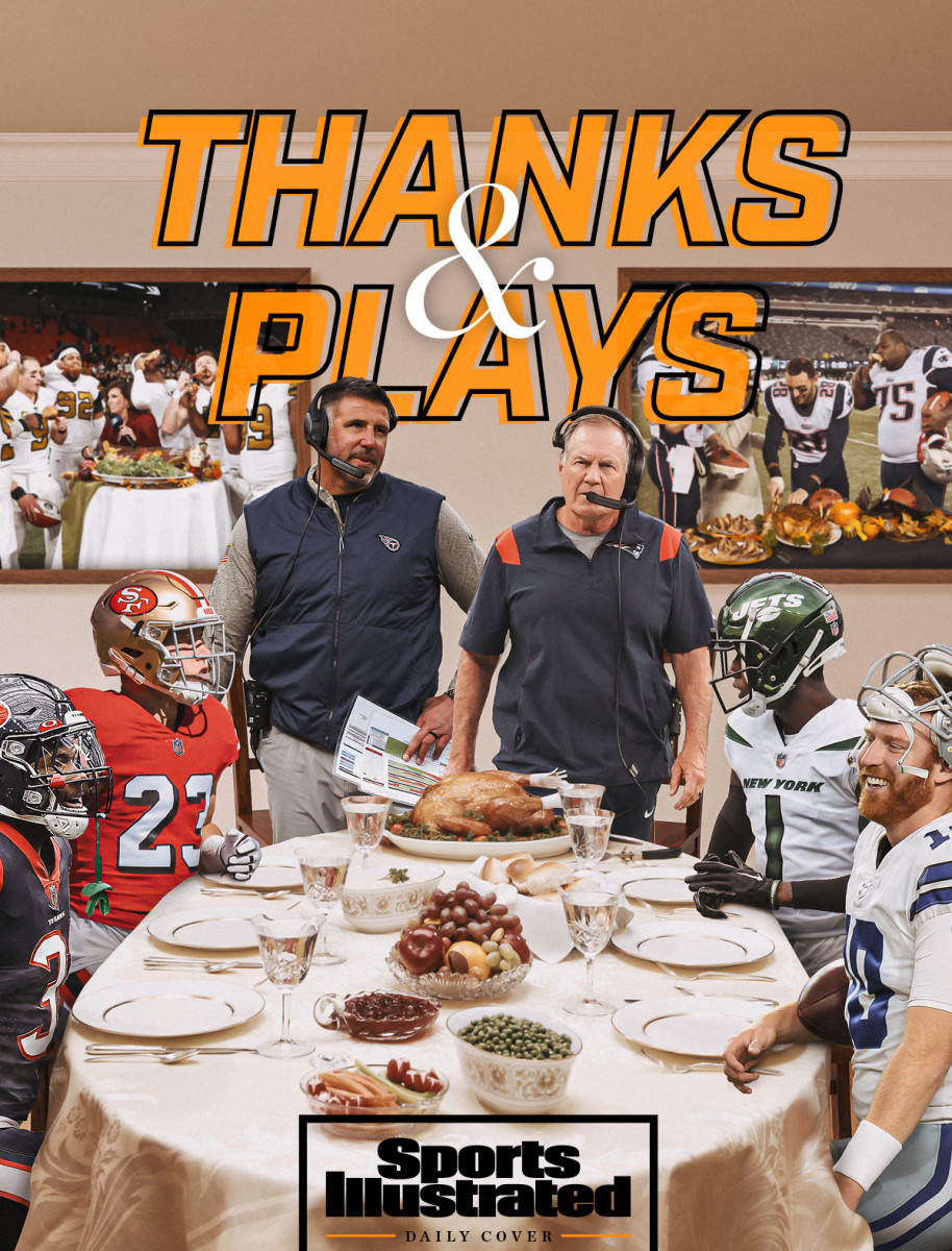 Dameon Pierce, Christian McCaffrey, Mike Vrabel, Bill Belichick, Sauce Gardner and Cooper Rush photoshopped in around a Thanksgiving table