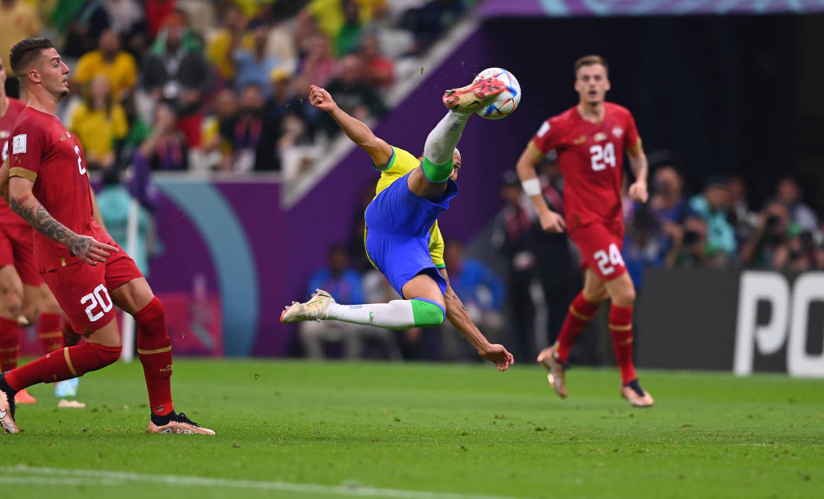 Richarlison pictured scoring for Brazil against Serbia with a spectacular acrobatic volley at the 2022 FIFA World Cup