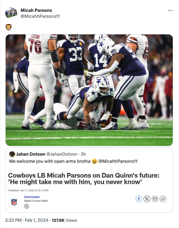 Micah Parson replies to Jahan Dotson.