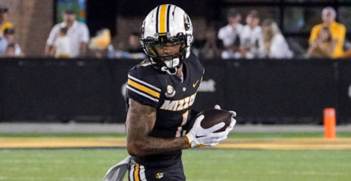 Missouri Tigers wide receiver Theo Wease catches a pass during a college football game in the SEC.