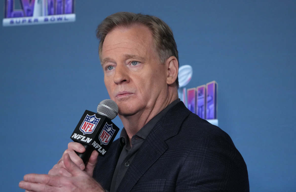 NFL commissioner Roger Goodell speaks at a press conference in advance of Super Bowl LVIII between the Kansas City Chiefs and San Francisco 49ers at Allegiant Stadium.
