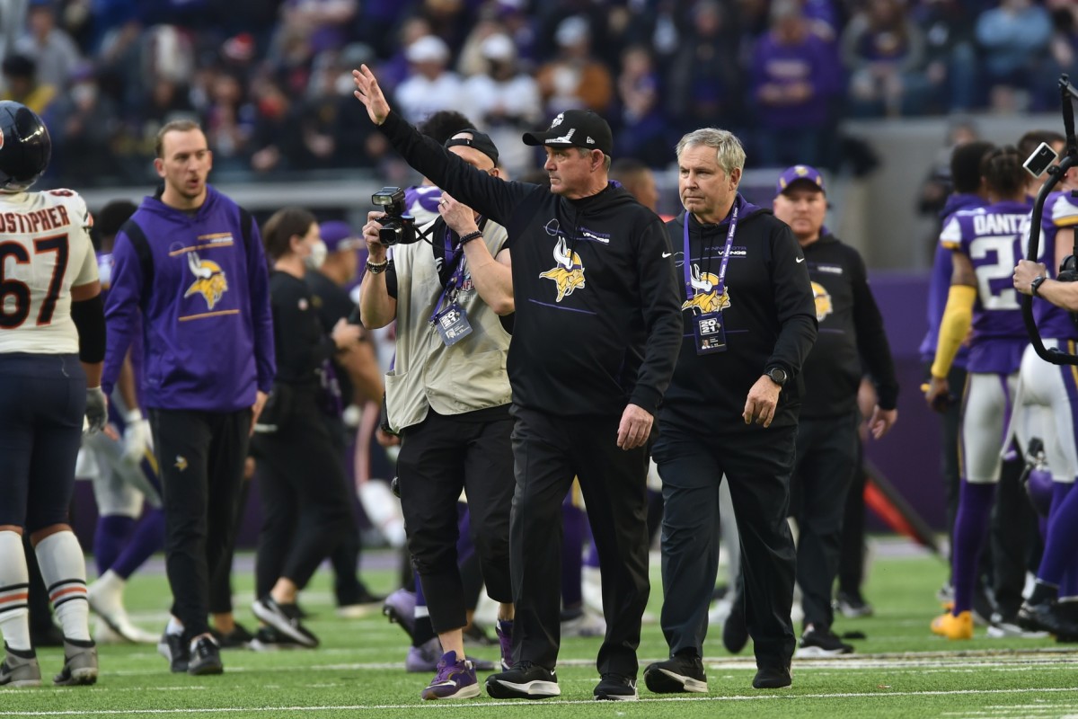 Jan 9, 2022; Minneapolis, Minnesota, USA; Minnesota Vikings head coach Mike Zimmer waves to the crowd after the game against the Chicago Bears at U.S. Bank Stadium.