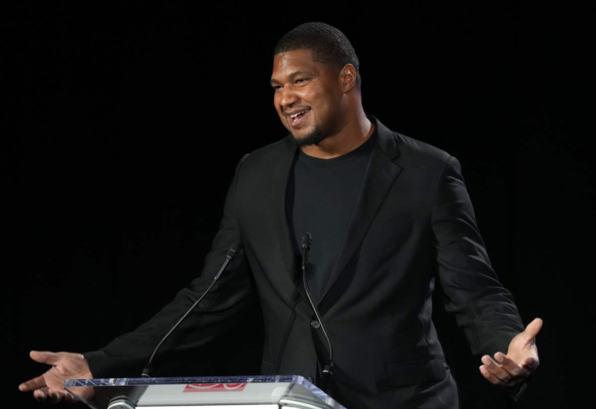 Feb 7, 2024; Las Vegas, NV, USA; Calais Campbell receives the NFLPA Alan Page Community Award at the NFLPA Press Conference at the Mandalay Bay Convention Center prior to Super Bowl LVIII.