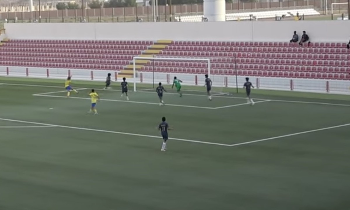 Cristiano Ronaldo Jr pictured (left) scoring for Al Nassr in a 4-1 win over Ohod in the U13 Saudi Premier League in February 2024