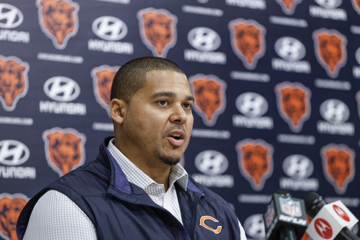 Mar 16, 2023; Lake Forest, IL, USA; Chicago Bears general manager Ryan Poles speaks during a press conference at Halas Hall.