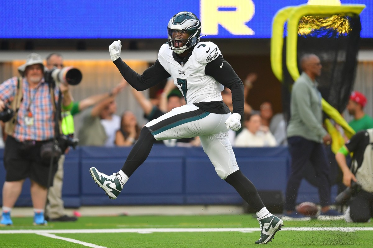 Oct 8, 2023; Inglewood, California, USA; Philadelphia Eagles linebacker Haason Reddick (7) celebrates after sacking Los Angeles Rams quarterback Matthew Stafford (9) during the second half at SoFi Stadium.