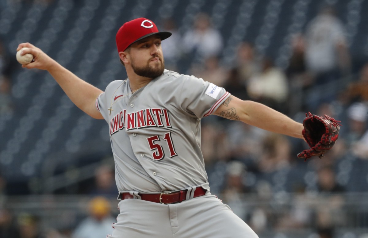 Apr 21, 2023; Pittsburgh, Pennsylvania, USA; Cincinnati Reds starting pitcher Graham Ashcraft (51) delivers a pitch against the Pittsburgh Pirates during the first inning at PNC Park. Mandatory Credit: Charles LeClaire-USA TODAY Sports  