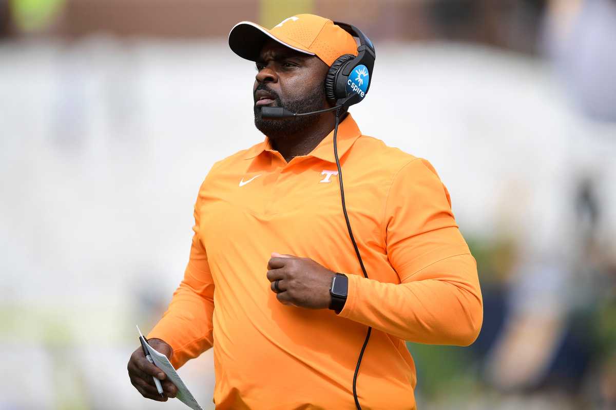 Tennessee LBs coach Brian Jean-Mary during a 2021 win over Missouri. (Photo by Calvin Mattheis of the News Sentinel)