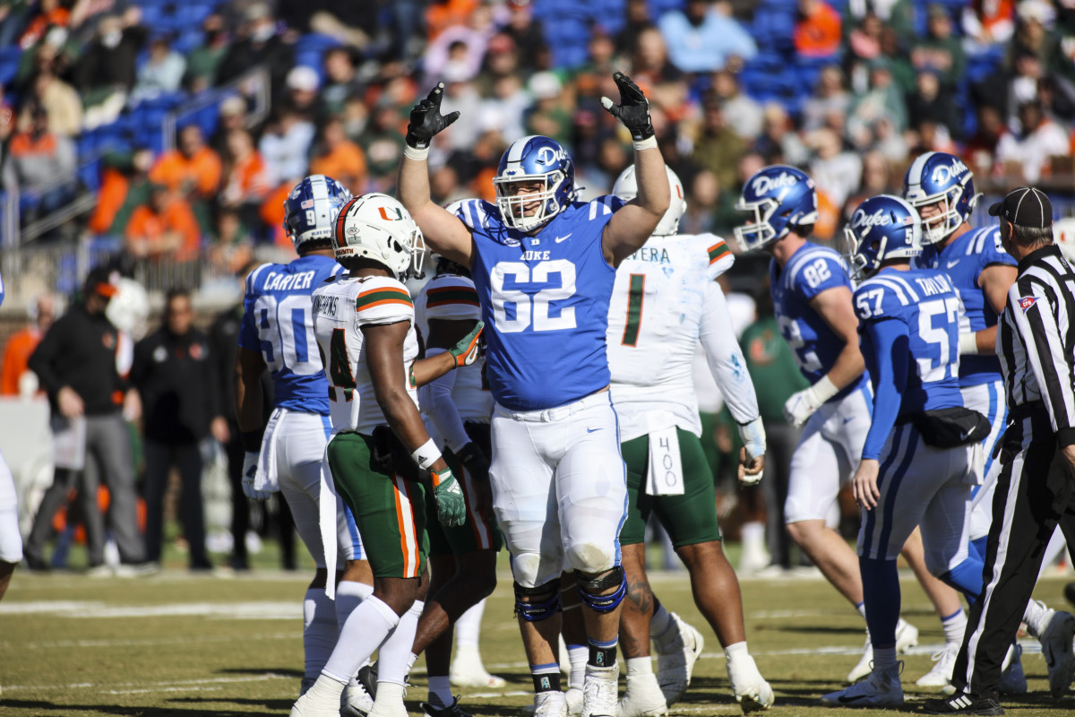Duke Blue Devils offensive tackle Graham Barton (62) celebrates.