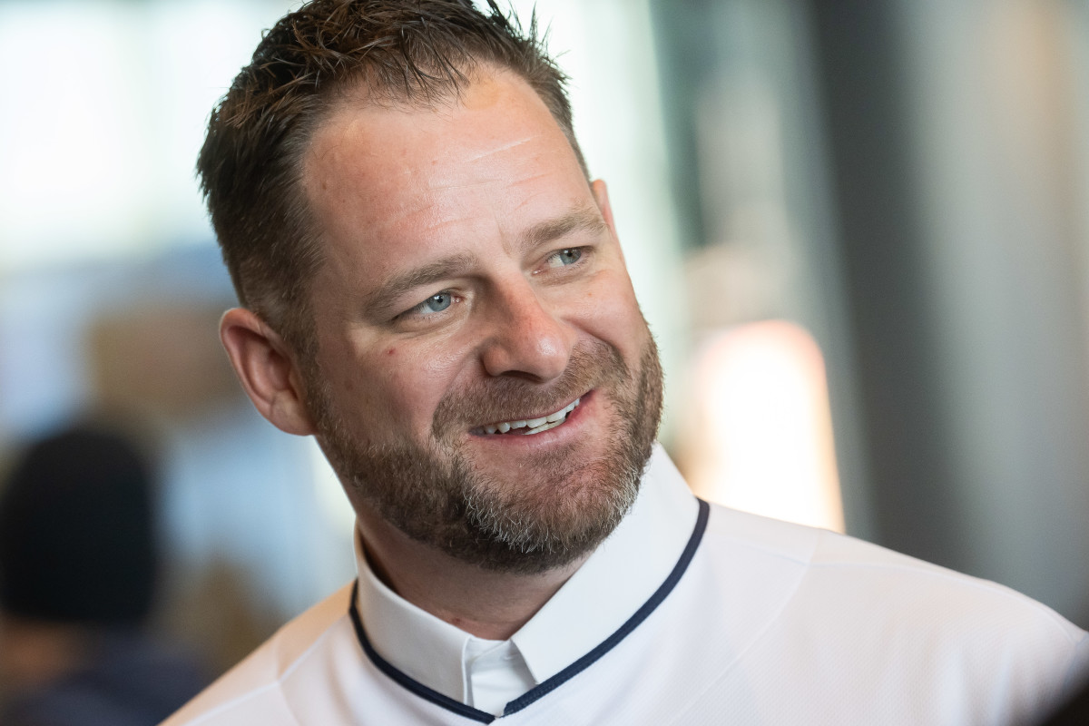 Nov 10, 2023; Cleveland, OH, USA; Cleveland Guardians manager Stephen Vogt talks to the media during an introductory press conference at Progressive Field.