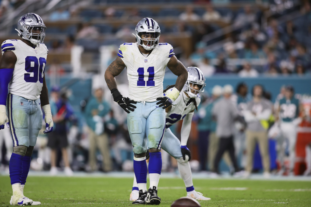 Dec 24, 2023; Miami Gardens, Florida, USA; Dallas Cowboys linebacker Micah Parsons (11) looks on against the Miami Dolphins during the fourth quarter at Hard Rock Stadium.