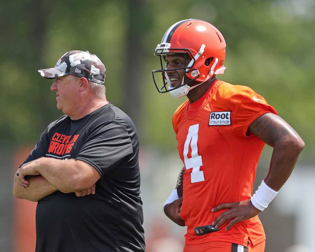 Browns quarterback Deshaun Watson and offensive coordinator Alex Van Pelt watch from the sideline during the 2022 training camp in Berea. 