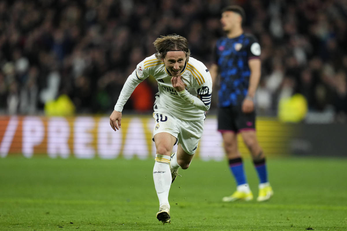 Luka Modric pictured celebrating after scoring for Real Madrid in a 1-0 win over Sevilla in February 2024