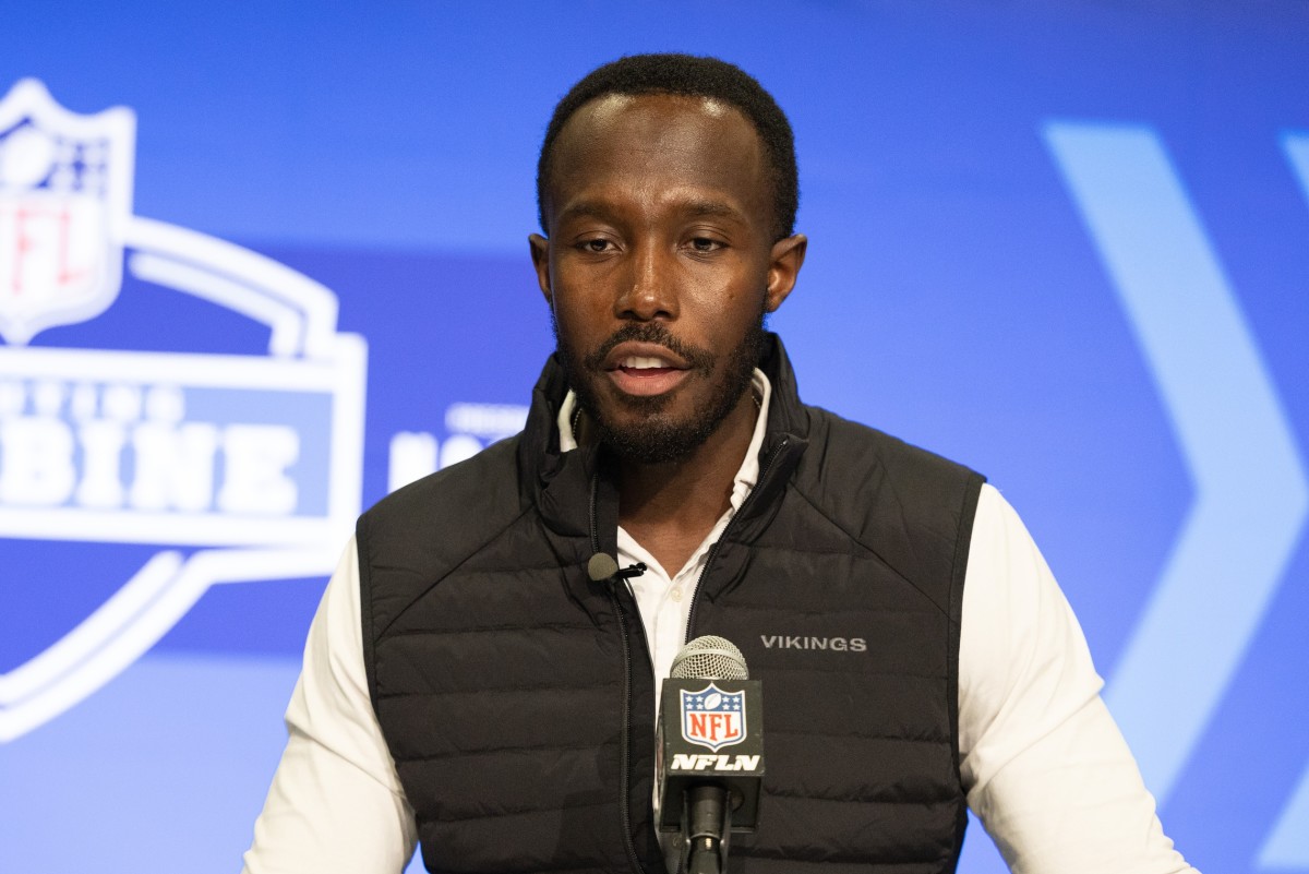 Feb 27, 2024; Indianapolis, IN, USA; Minnesota Vikings general manager Kwesi Adofo-Mensah talks to the media at the 2024 NFL Combine at Indiana Convention Center.