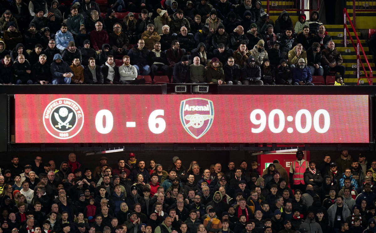 A photo taken of the scoreboard at Bramall Lane at the end of Arsenal's 6-0 away win over Sheffield United in March 2024