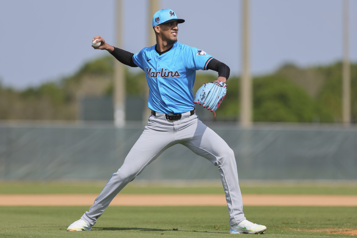 Feb 17, 2024; Jupiter, FL, USA; Miami Marlins starting pitcher Eury Perez (39) practices during a spring training workout at the Marlins Player Development & Scouting Complex.