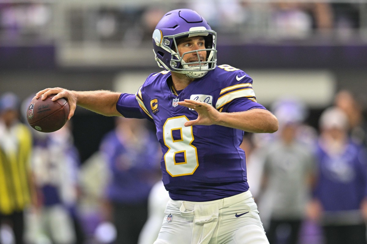 Sep 10, 2023; Minneapolis, Minnesota, USA; Minnesota Vikings quarterback Kirk Cousins (8) throws a pass against the Tampa Bay Buccaneers during the first quarter at U.S. Bank Stadium.