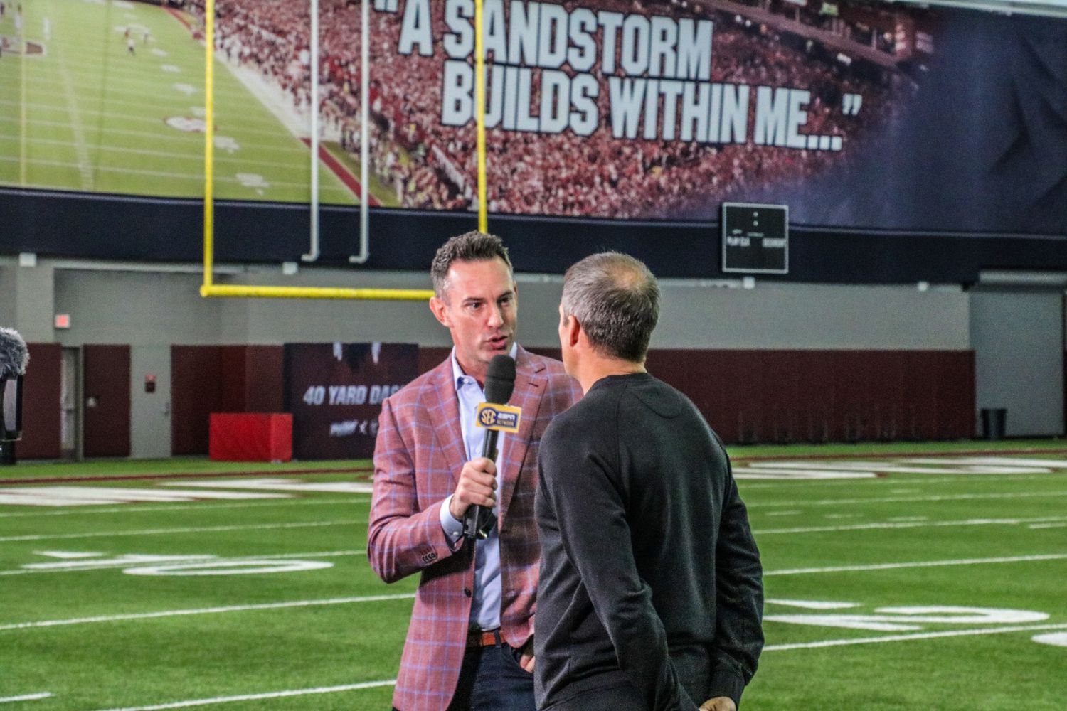 SEC Network's Peter Burns chats with head coach Shane Beamer