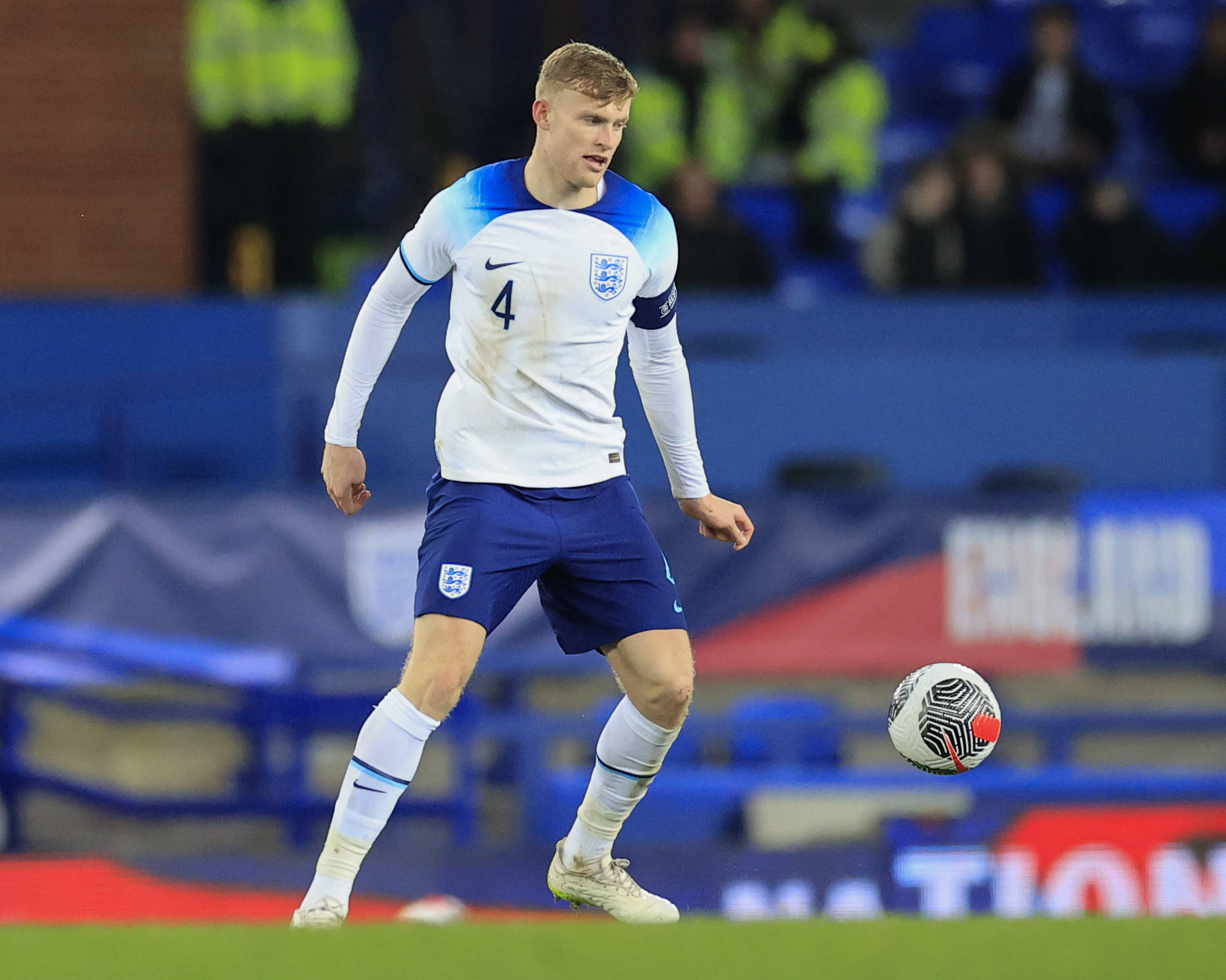 Jarrad Branthwaite pictured in November 2023 while playing for England against Northern Ireland in a U21 international