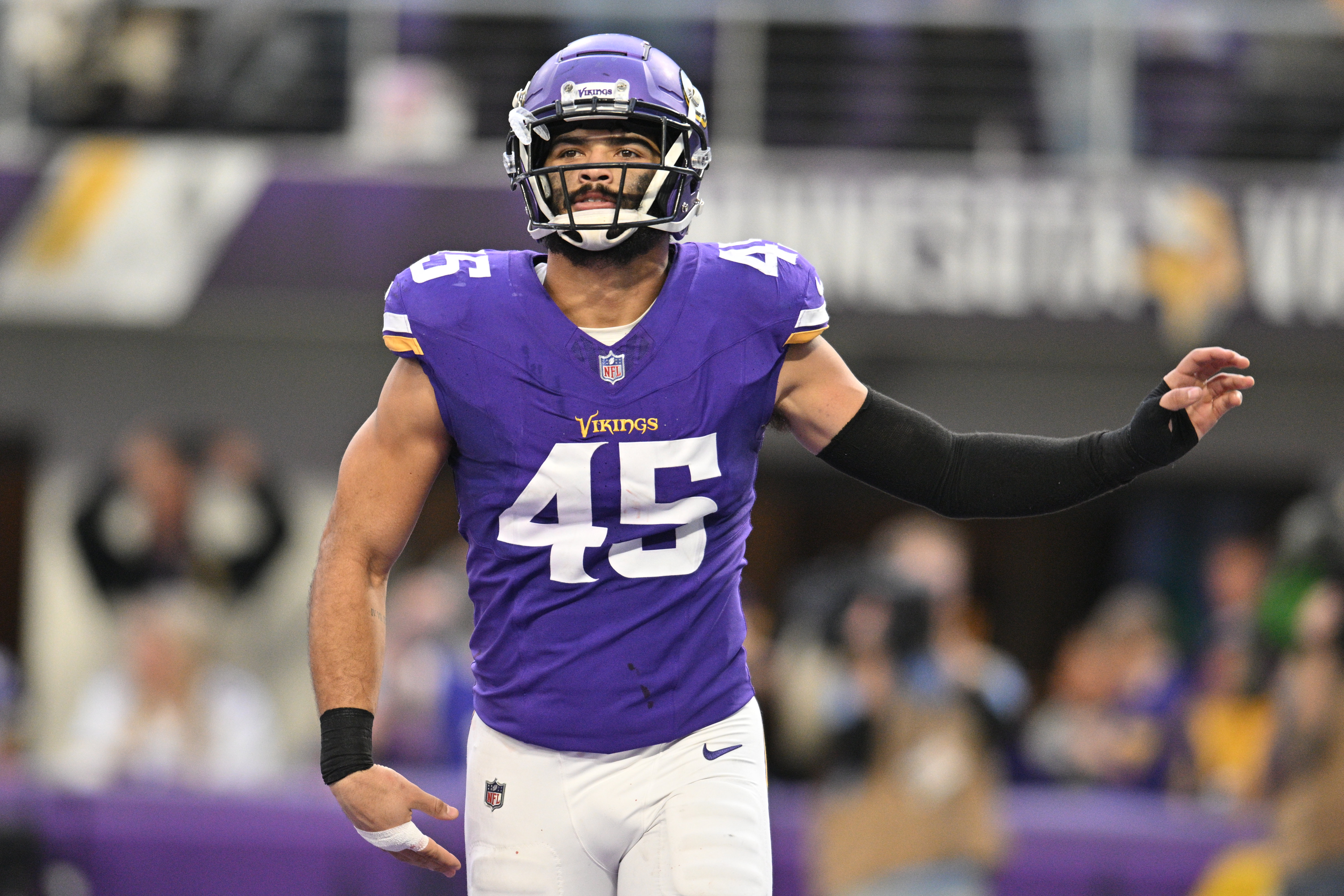 Minnesota Vikings linebacker Troy Dye (45) reacts late during the fourth quarter against the New Orleans Saints at U.S. Bank Stadium in Minneapolis on Nov. 12, 2023.