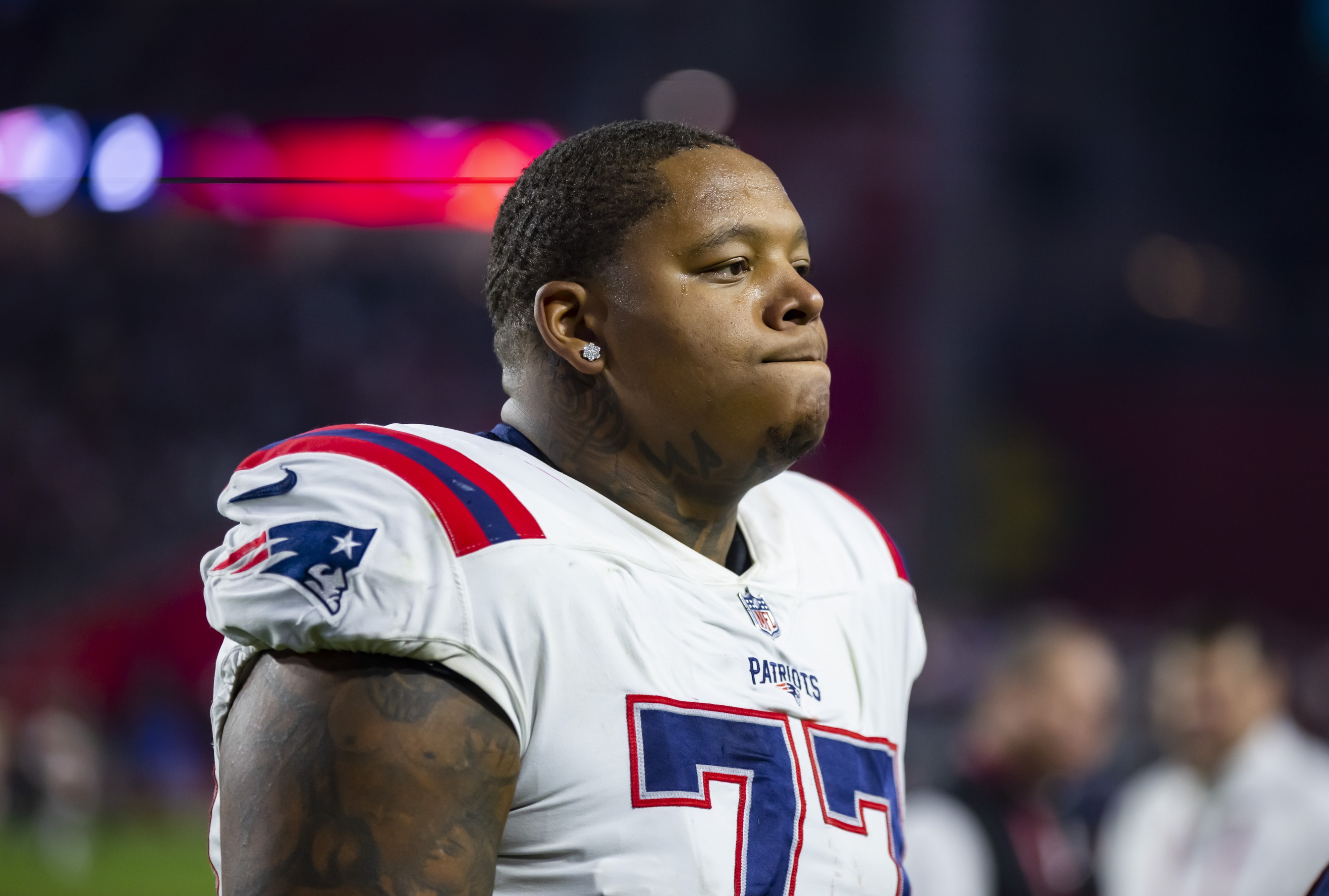 Dec 12, 2022; Glendale, Arizona, USA; New England Patriots offensive tackle Trent Brown (77) against the Arizona Cardinals at State Farm Stadium. Mandatory Credit: Mark J. Rebilas-USA TODAY Sports  