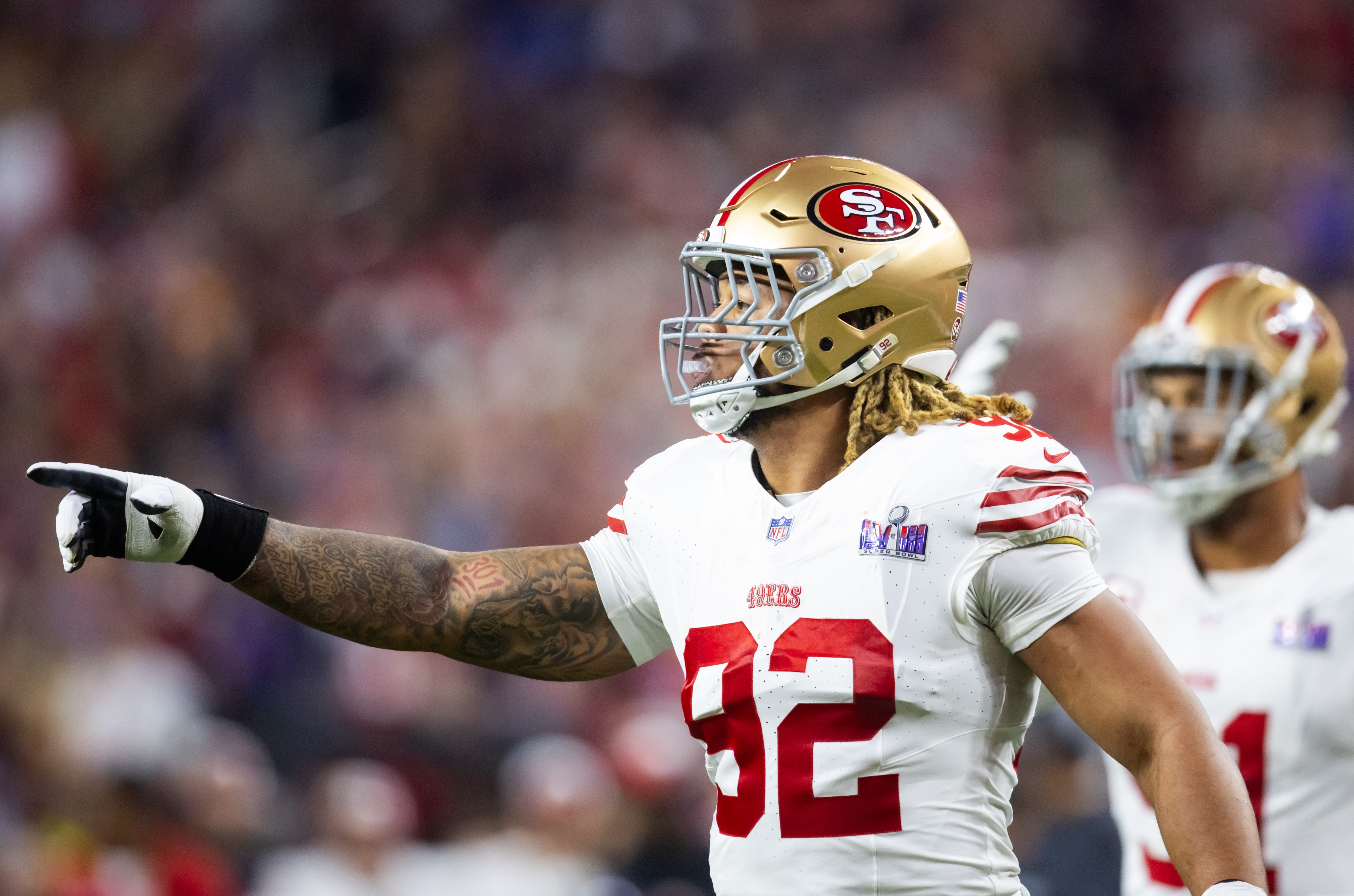 San Francisco 49ers defensive end Chase Young (92) reacts against the Kansas City Chiefs.