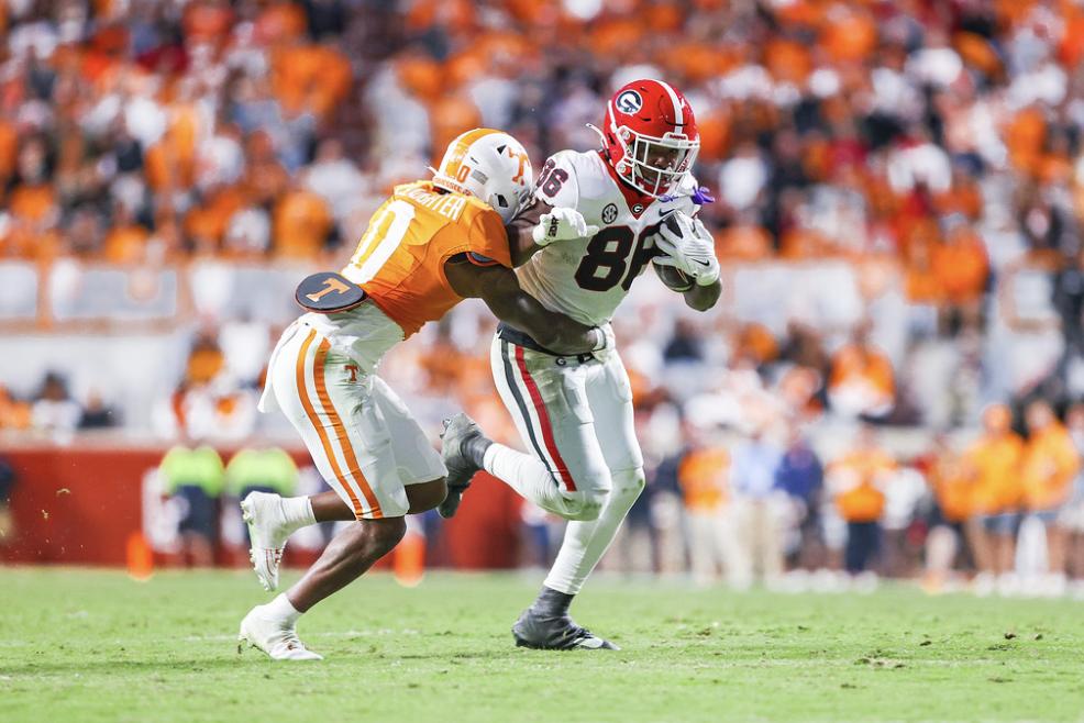 Georgia wide receiver Dillon Bell during Georgia’s game against Tennessee at Neyland Stadium in Knoxville, Tenn., on Saturday, Nov. 18, 2023. (Tony Walsh/UGAAA)