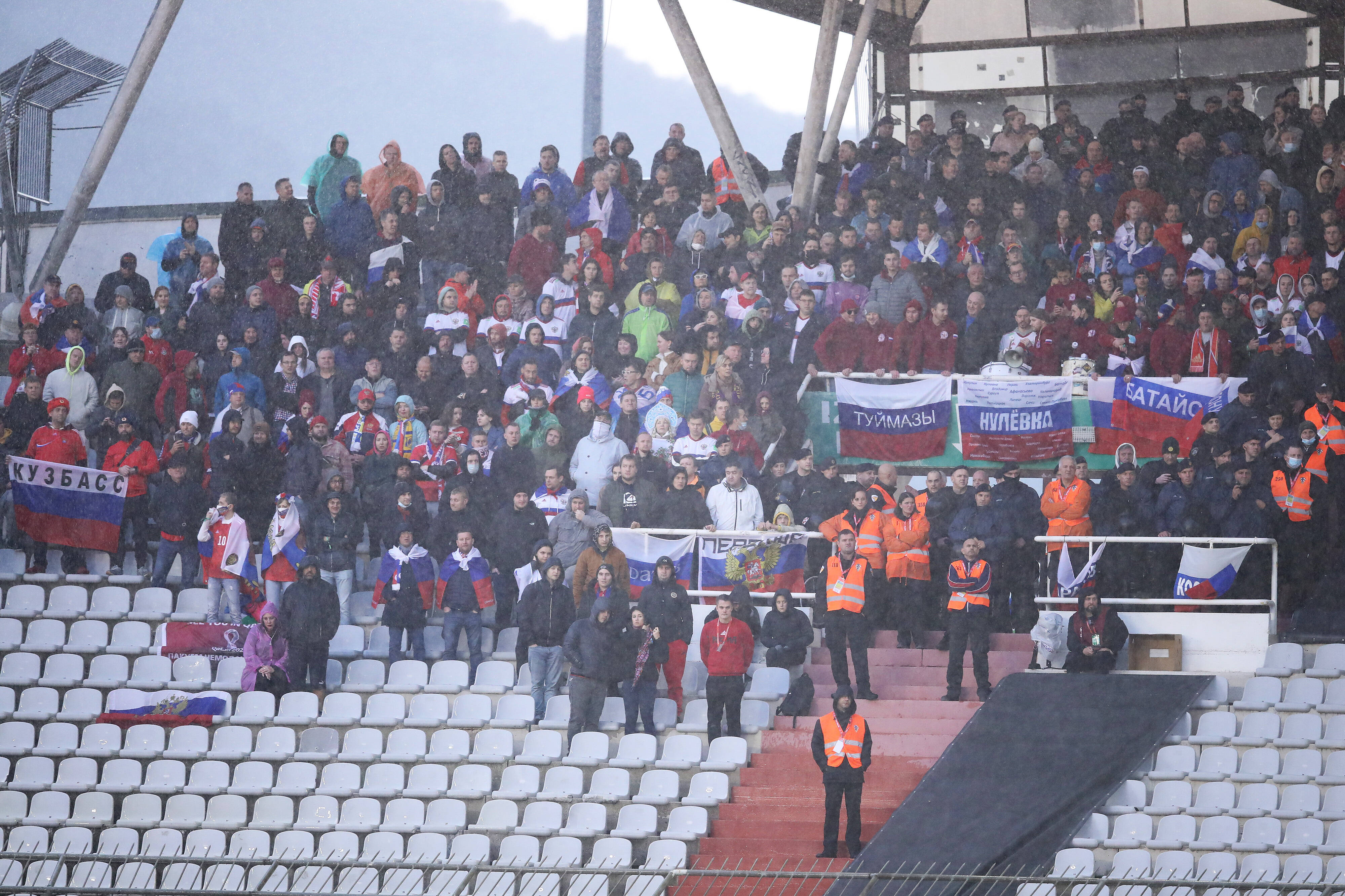 Russian soccer fans pictured in 2021 during their team's 1-0 defeat by Croatia in Split
