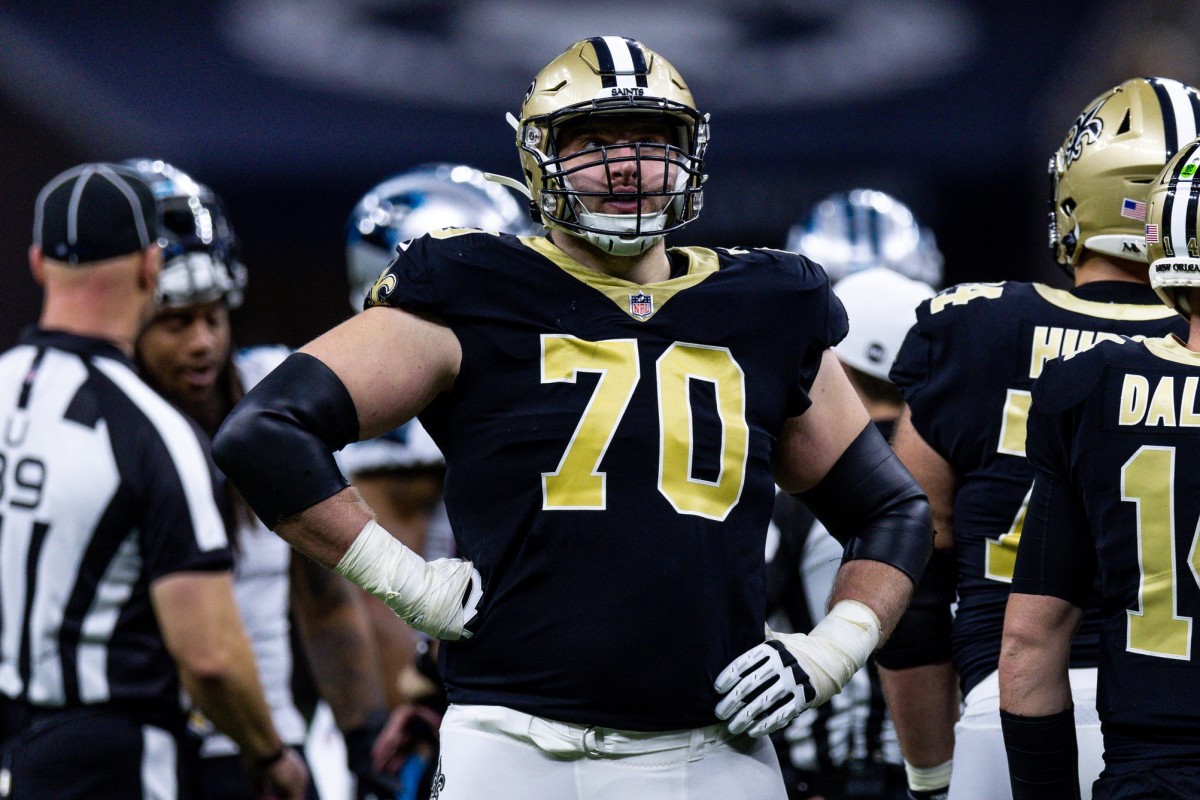 New Orleans Saints offensive tackle Trevor Penning (70) looks on against the Carolina Panthers. Mandatory Credit: Stephen Lew-USA TODAY Sports