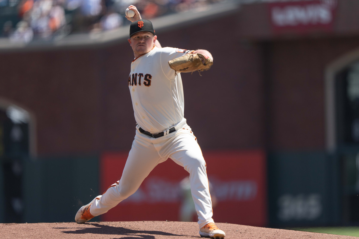 SF Giants starting pitcher Logan Webb pitches during the first inning against the Texas Rangers at Oracle Park on August 13, 2023.