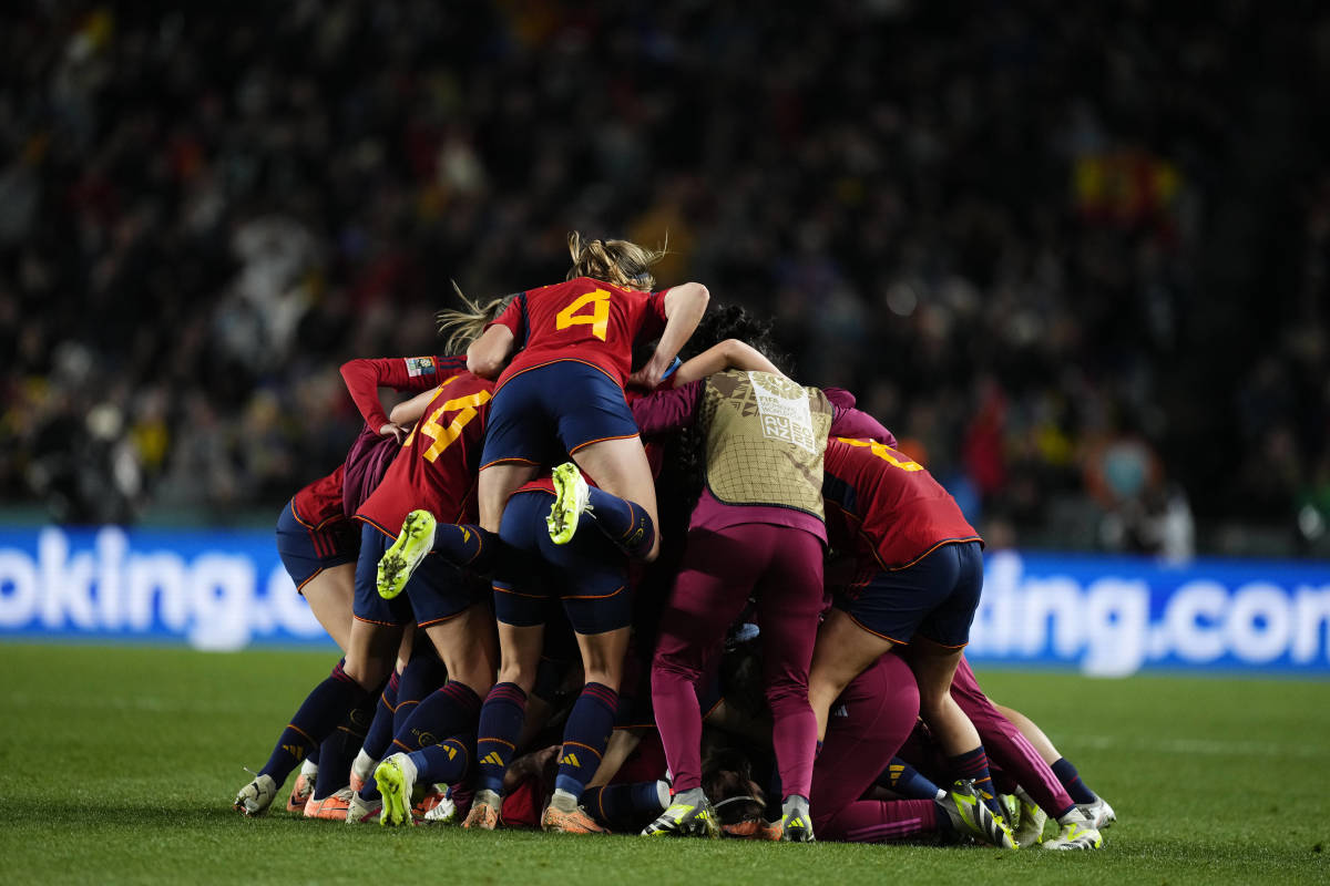 Spain's players pictured celebrating during their 2-1 win over Sweden in the semi-finals of the 2023 FIFA Women's World Cup