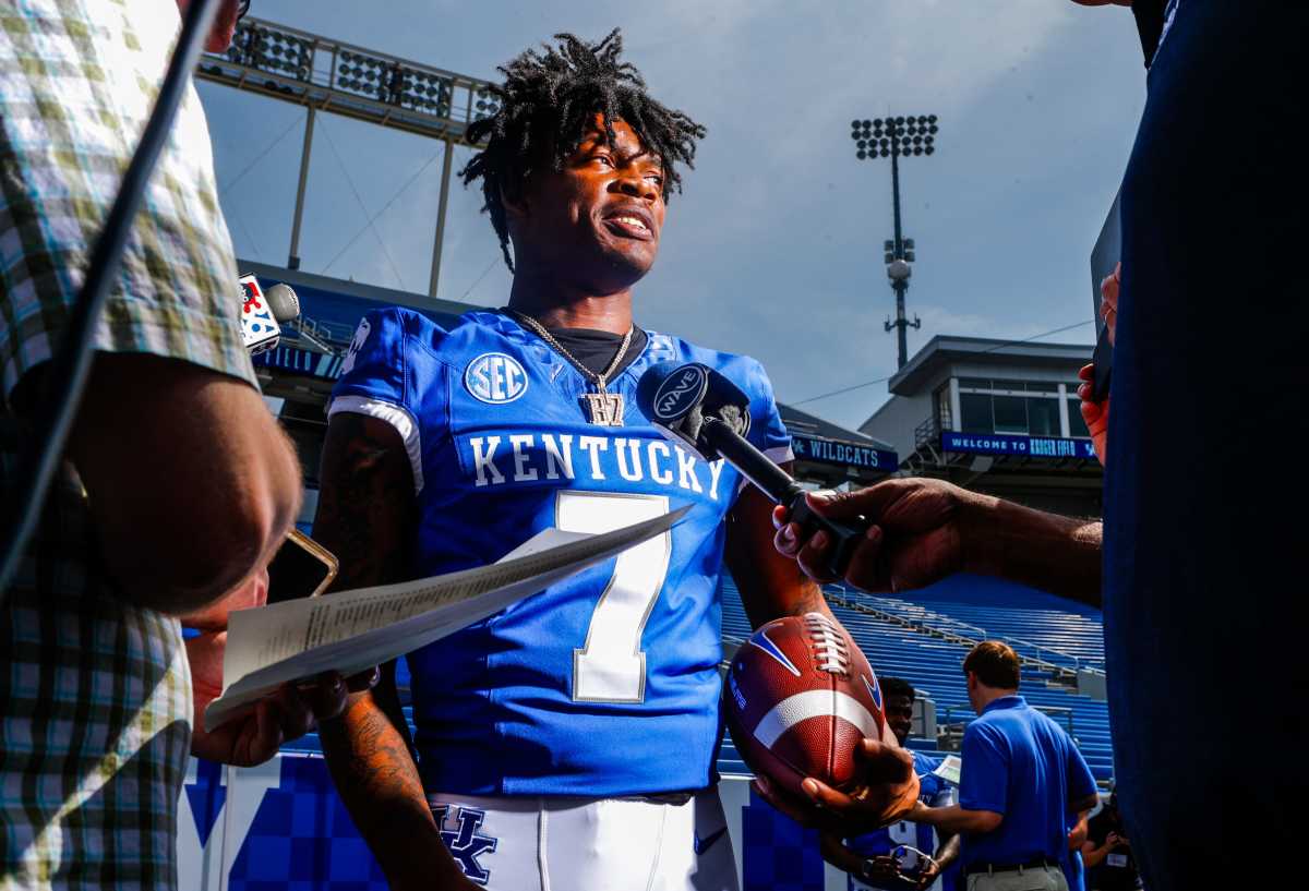 Kentucky sophomore wide receiver Barion Brown answers questions from reporters on UK Media Day Friday, Aug. 4, 2023 at Kroger Field in Lexinton. Brown is the first Wildcat to win a SEC weekly award three times in a single season since Lynn Bowden Jr. in 2019.