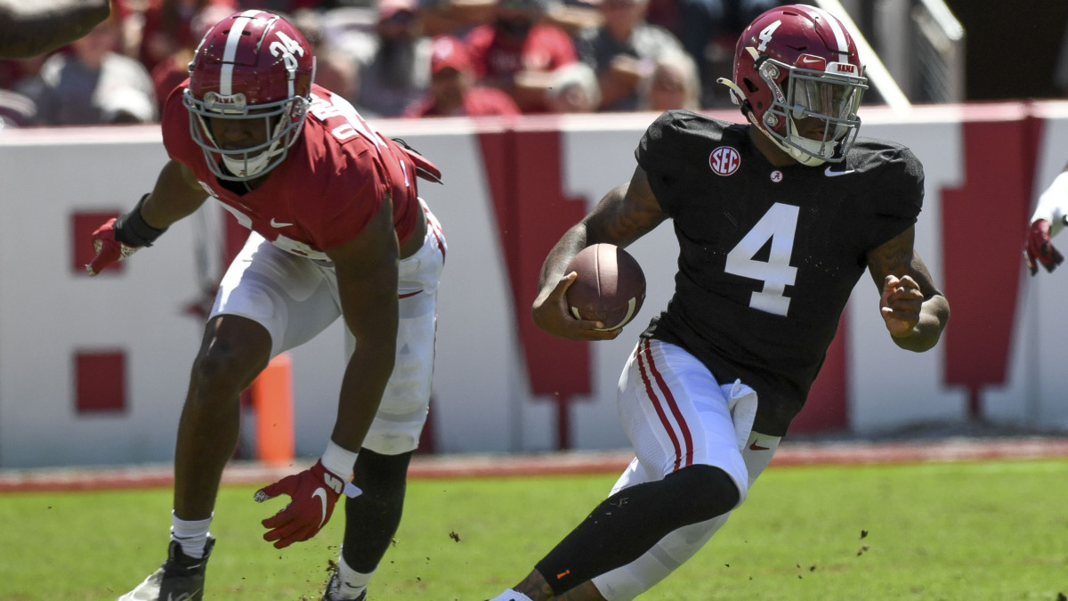 Jalen Milroe during the A-Day game at Bryant-Denny Stadium.