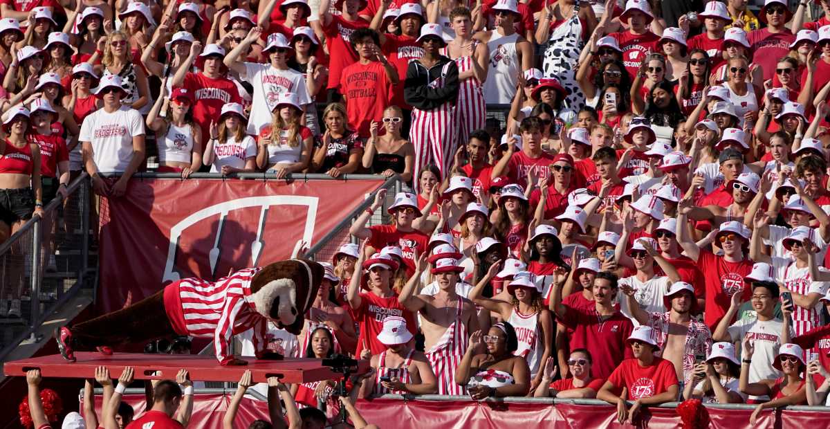 Bucky Badger does push ups after a Wisconsin score during their football game Saturday, September 2, 2023 at Camp Randall Stadium in Madison, Wis. Wisconsin beat Buffalo, 38-17.