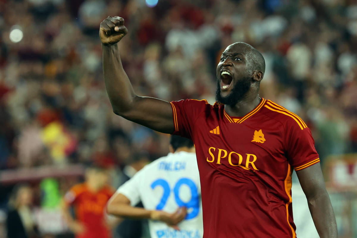 Romelu Lukaku pictured celebrating after scoring his first goal for Roma in a 7-0 win over Empoli