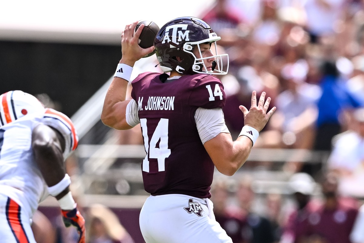 Texas A&M Aggies quarterback Max Johnson (14) throws a pass in their game against the Auburn Tigers Saturday at Kyle Field. Texas A&M won 27-10.