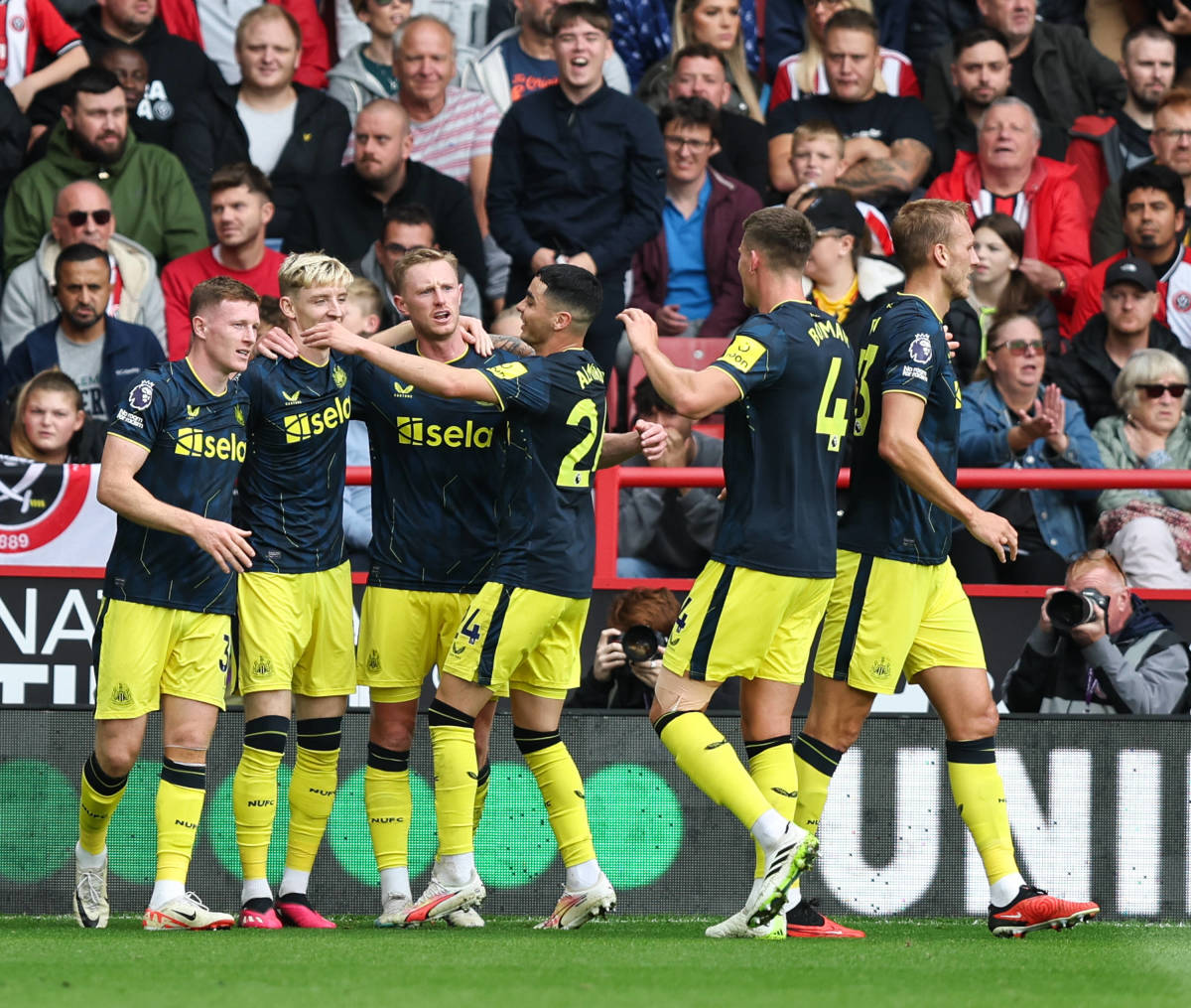Newcastle United's players pictured celebrating a goal during an 8-0 away win at Sheffield United in September 2023