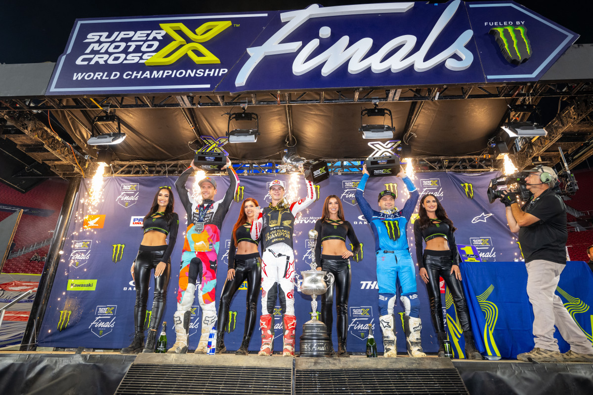 450SX Class podium (racers left to right) Ken Roczen, Jett Lawrence, and Cooper Webb. Photo Credit: Feld Motor Sports, Inc.